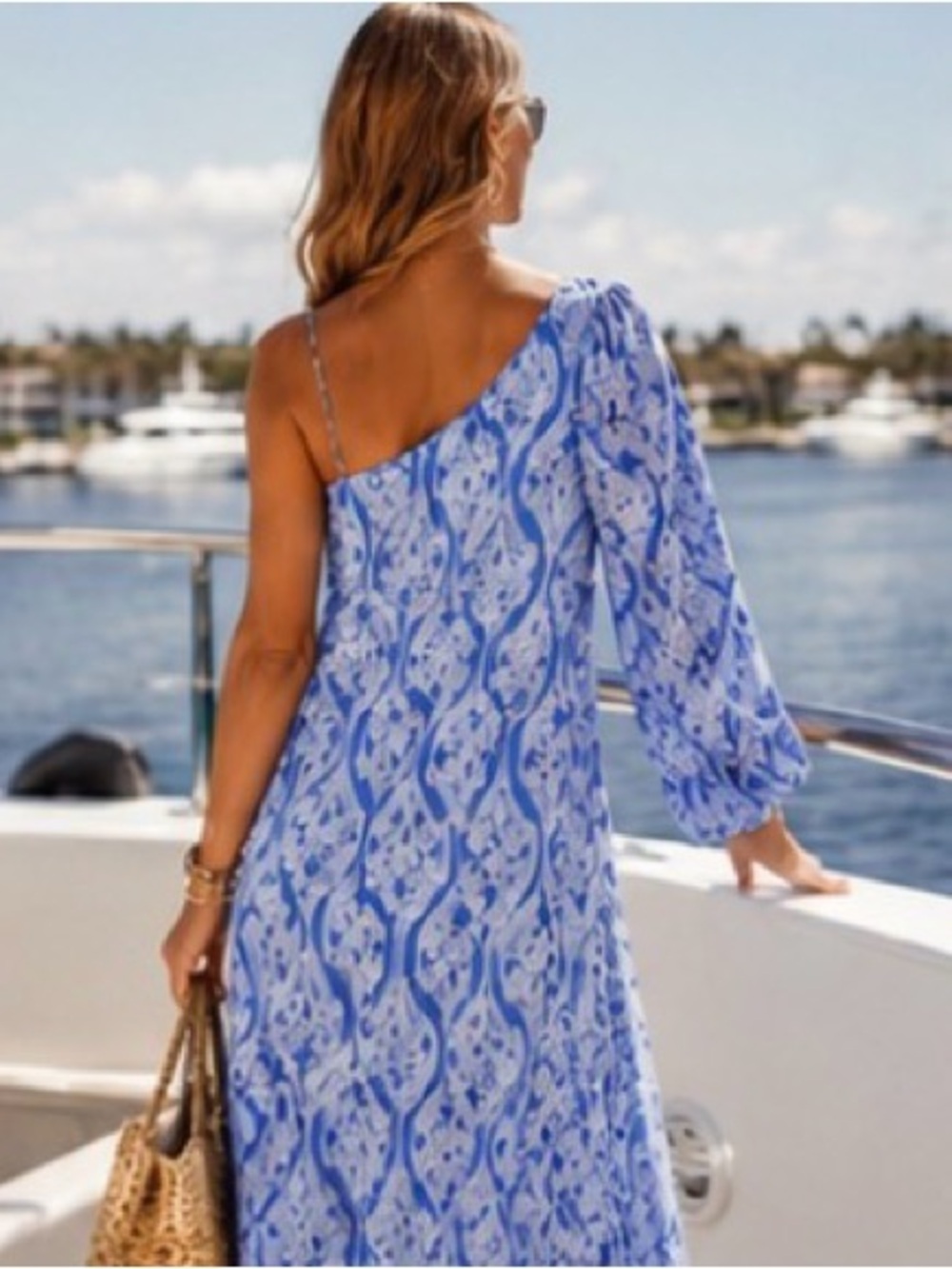 Hyacinth House One Shoulder Blue Resort Midi Dress | Coastal Chic | NWT - Picture 12 of 14